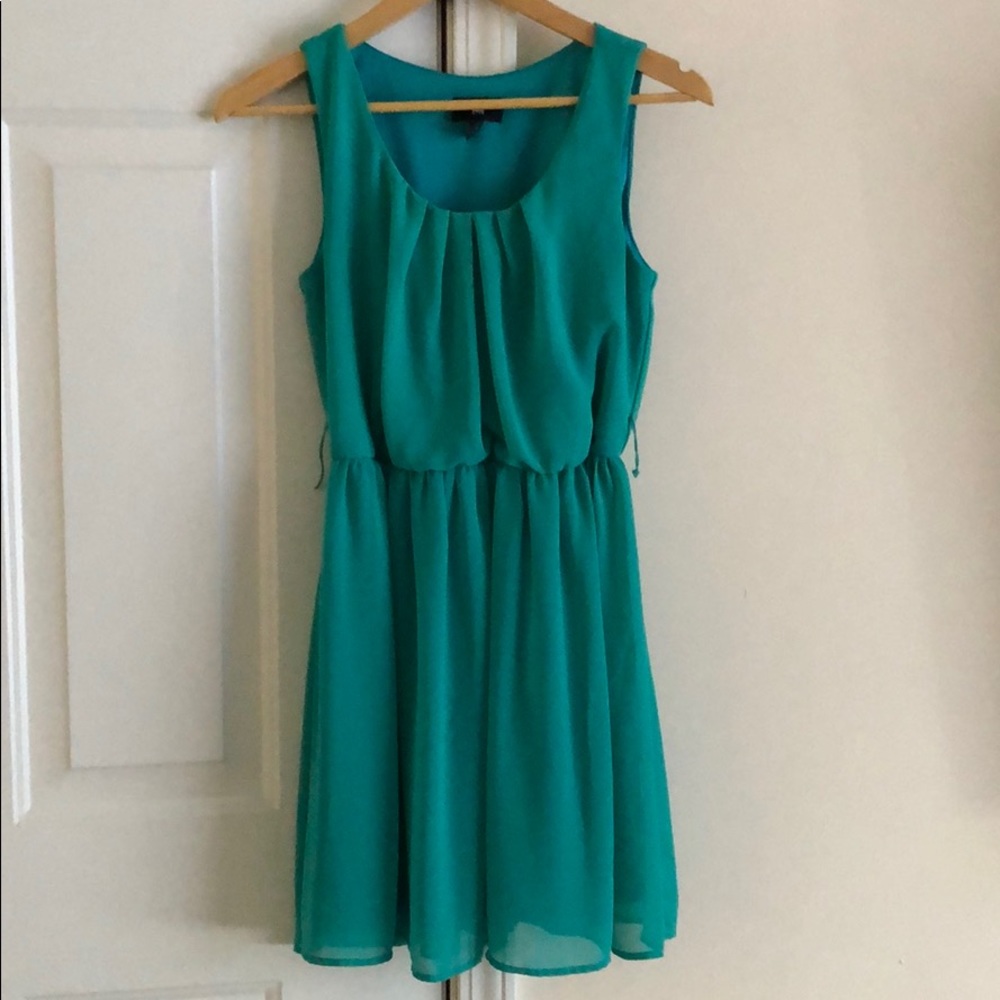 Teal dress cinched at waist, size small